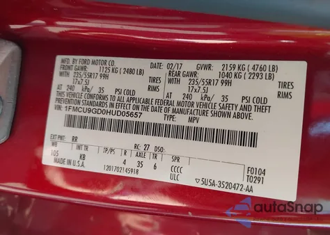 2017 Ford Escape Se из США, поврежденный, VIN 1FMCU9GD0HUD05657